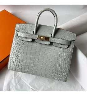Birkin Sellier matt krokodil krokodil V0 Kristály szürke Arany Hardver 20cm Teljes mértékben Kézzel készített Ghw