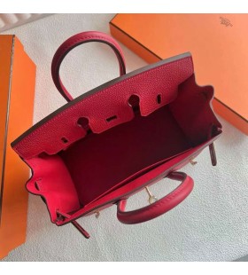 Birkin Togo Q5 Élénk Piros Arany Hardver-25cm, Teljes Kézzel készített Ghw