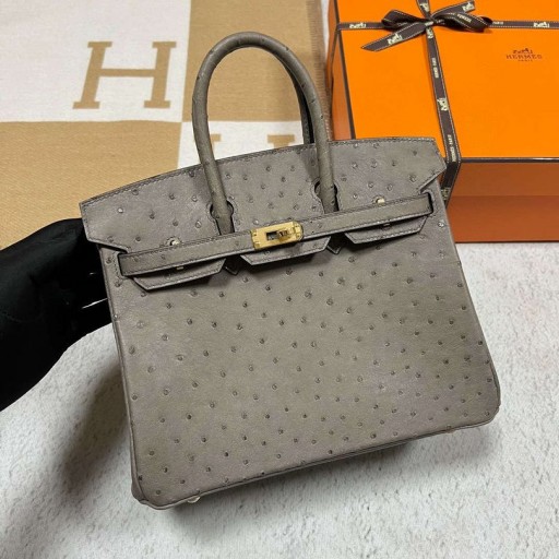 Birkin Ostrich Ck81 Gris Tourterelle Crua-earraí Óir 25cm Hiomlán Lámhdhéanta