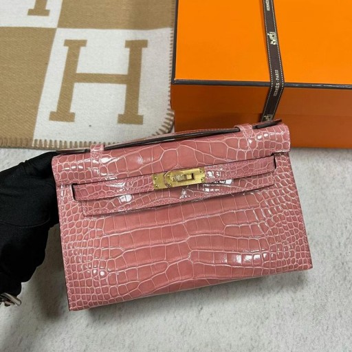Mini Kelly Pochette Ailigéadar Lonracha 1Q Creamy Bándearg Óir Crua-earraí Ghw 22cm Hiomlán Lámhdhéanta