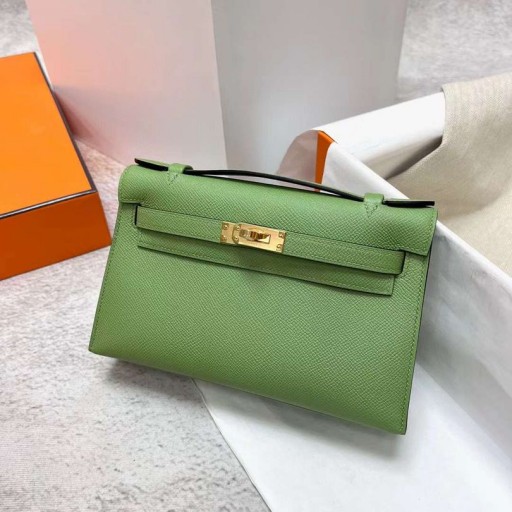 Mini Kelly Pochette Epsom i3 Avocado glas Crua-earraí Óir Ghw 22cm Hiomlán Lámhdhéanta