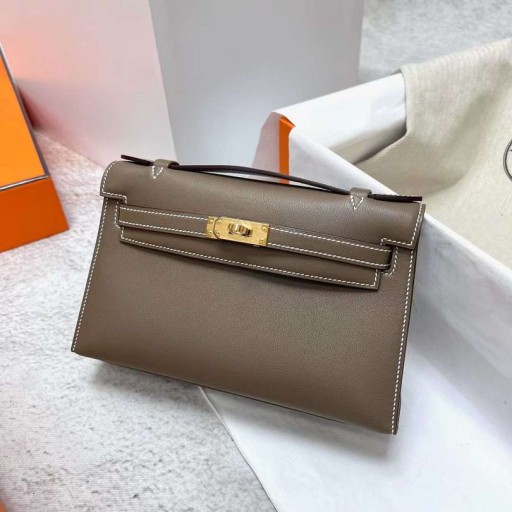 Mini Kelly Pochette Swift Ck18 Etoupe Grey Óir Crua-earraí Ghw 22cm Hiomlán Lámhdhéanta