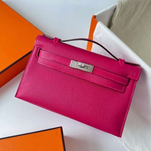 Mini Kelly Pochette Chevre 0D Domhain Rose Pink Silver Crua-earraí Phw 22cm Hiomlán Lámhdhéanta