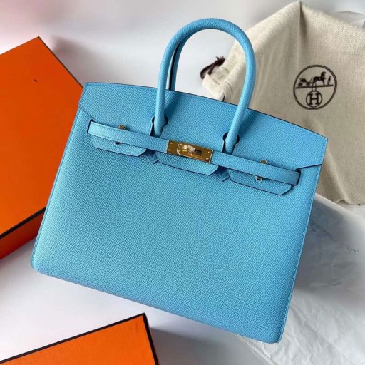 Birkin Sellier Epsom 7N Candy Gorm Crua-earraí Óir Ghw 25cm Hiomlán Lámhdhéanta