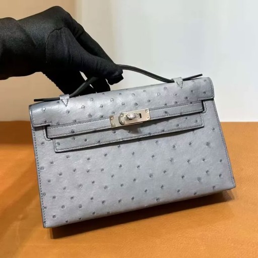 Kelly Pochette Ostrich Ck82 Agate liath Silver Crua-earraí 22cm Hiomlán Lámhdhéanta Phw
