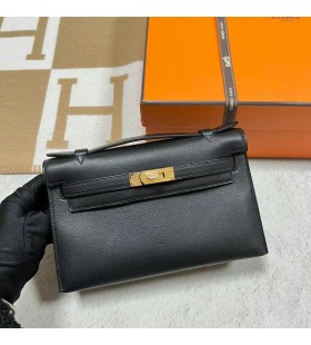 Mini Kelly Pochette Swift Ck89 Dubh Ãir Crua-earraà Ghw 22cm Hiomlán Lámhdhéanta