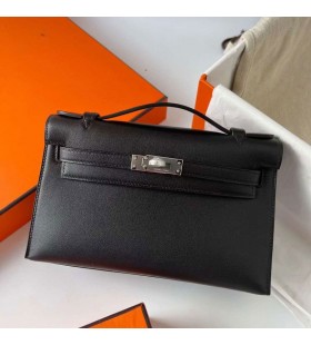 Mini Kelly Pochette Swift Ck89 Dubh Silver Crua-earra&Atilde;&shy; Phw 22cm Hioml&Atilde;&iexcl;n L&Atilde;&iexcl;mhdh&Atilde;&copy;anta