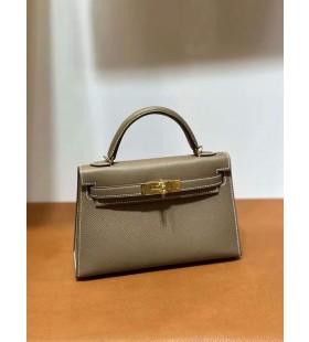 Mini Kelly Epsom Ck18 Etoupe Liath Crua-earraà Ãir 19cm Hiomlán Lámhdhéanta Ghw