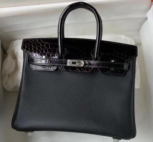 Birkin Touch Togo & lucido coccodrillo Nero Argento Hardware 25cm Pieno fatto a Mano