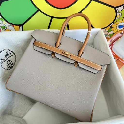 Birkin Epsom M8 gris ashpite & Ck37 Goden marrone Hardware Oro 25cm Pieno fatto a Mano