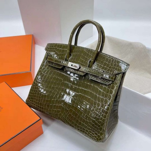 Birkin Lucido Nilo Coccodrillo 6H di Oliva, verde, Argento Hardware Ghw 25cm Pieno fatto a Mano