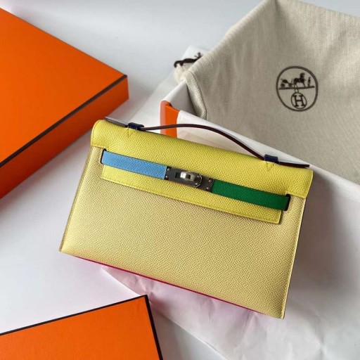 Mini Kelly Pochette Epsom Hss 9R giallo Limone & 1Z Luce Gialla & P3 Candy Blue & U4 Velluto verde & 9J Orange & E5 Candy Pink & T0 Luce Blu Argento Hardware 22cm Pieno fatto a Mano