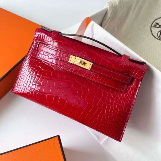 Mini Kelly Pochette Alligatore coccodrillo Ck95 rosso Ferrari Hardware Oro Ghw 22cm Pieno fatto a Mano