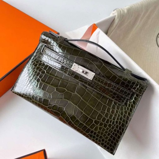 Mini Kelly Pochette Alligatore coccodrillo 6H di Oliva, verde, Argento Hardware Phw 22cm Pieno fatto a Mano