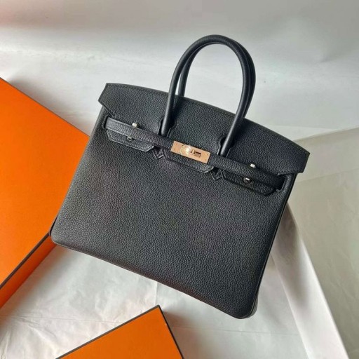 Borse Birkin Togo Ck89 Rosa Nera Hardware Oro 25cm Pieno fatto a Mano Rghw