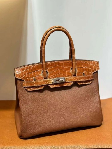 Birkin Chevre & Lucido Niloticus Marrone Dorato Hardware Argento 30cm Pieno fatto a Mano Phw