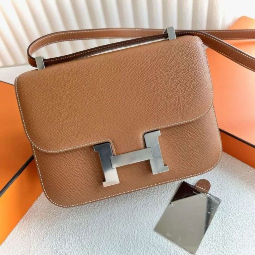 Costanza Epsom Ck37 Marrone Oro Argento Hardware 24cm Pieno fatto a Mano Phw