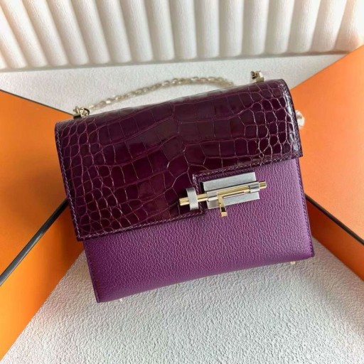 Verrou Tocco di formaggio di capra & Alligatore Coccodrillo N5 Gallone viola l'Hardware in Argento 17.5 cm Completo fatto a Mano Phw