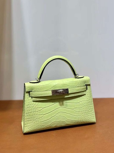 Mini Kelly Opaco alligatore coccodrillo 9R Bud giallo Argento Hardware 19cm Pieno fatto a Mano Phw