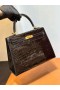 Kelly Lucido Porosus Crocodile Ck89 Nera Hardware Oro 25cm Pieno fatto a Mano Ghw