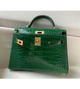 Mini Kelly in Coccodrillo Lucido cactus verde Hardware Oro 19cm Pieno fatto a Mano