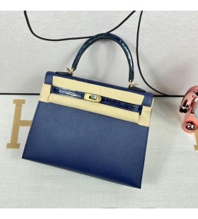 Kelly Tocco di Epsom & Alligatore Ck73 Gemma blu Oro Hardware GHW 25cm Pieno fatto a Mano