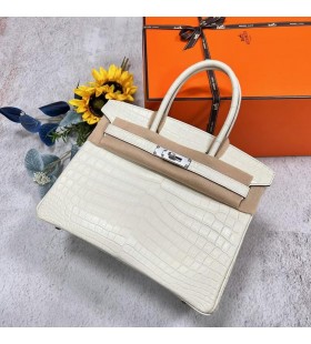 Birkin coccodrillo Opaco 8L bianco crema Hardware Argento 30cm Pieno fatto a Mano