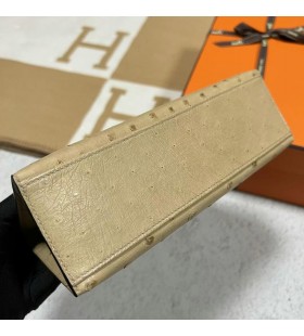 Mini Kelly Pochette Struzzo S2 khaki Argento Hardware PHW 22cm Pieno fatto a Mano