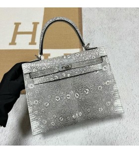 Kelly Lizard 01 Naturale colore Argento Hardware 25cm Pieno fatto a Mano