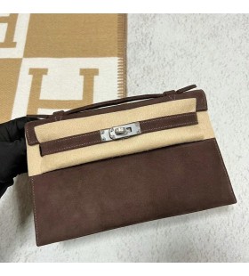 Mini Kelly Pochette in pelle Scamosciata Ck47 cioccolato Hardware Argento 22cm Pieno fatto a Mano