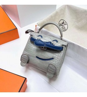 Kelly doll Opaco Alligatore Coccodrillo & Swift Ck80 grigio Perla e Profonda Blu Argento Hardware Phw 16cm Pieno fatto a Mano