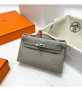 Mini Kelly Pochette Struzzo Ck80 grigio Perla Argento Hardware Phw 22cm Pieno fatto a Mano