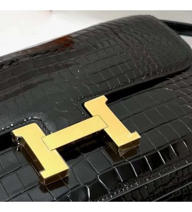 Constance elan lucido porosus crocodile Ck89 Nera Hardware Oro 26cm Pieno fatto a Mano