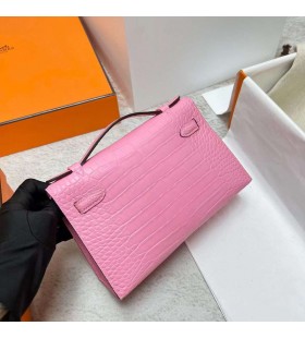 Mini Kelly Pochette Opaco Alligatore coccodrillo 5P, sakura, rosa, Argento Hardware Phw 22cm Pieno fatto a Mano