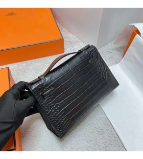 Mini Kelly Pochette Alligatore Opaco Ck89 Nero Argento Hardware Phw 22cm Pieno fatto a Mano