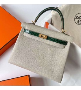 Kelly Touch Togo & Lucido Niloticus Ck80 Perla grigio e verde Scuro Hardware Oro Ghw 25cm Pieno fatto a Mano