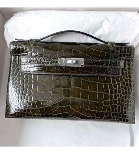 Mini Kelly Pochette Alligatore coccodrillo 6H di Oliva, verde, Argento Hardware Phw 22cm Pieno fatto a Mano
