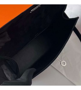 Mini Kelly Pochette in pelle Scamosciata ck89 Nero Argento Hardware Phw 22cm Pieno fatto a Mano