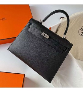 Kelly Epsom Ck89 Nero Argento Hardware Phw 25cm Pieno fatto a Mano