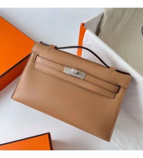 Mini Kelly Pochette Swift 0M TÃ¨ Khaki Argento Hardware Phw 22cm Pieno fatto a Mano