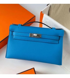 Mini Kelly Pochette Swift B3 Tanzania blu Argento Hardware Phw 22cm Pieno fatto a Mano
