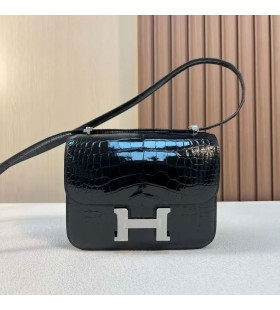 Costanza alligatore coccodrillo Ck89 Nero Argento Hardware 18cm Pieno fatto a Mano Phw