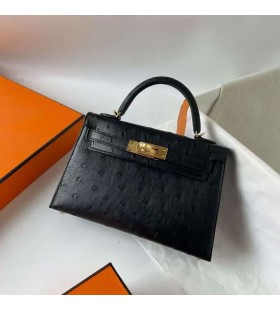 Mini Kelly Struzzo Ck89 Nera Hardware Oro 19cm Pieno fatto a Mano Ghw