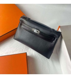 Kelly Pochette Swift Ck89 Nero Argento Hardware 22cm Pieno fatto a Mano Phw