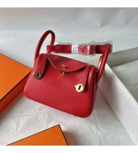 Mini Lindy Clemence Q5 Rosso Brillante Hardware Oro 19cm Pieno fatto a Mano Ghw