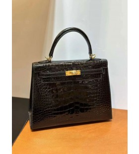 Kelly Alligatore Coccodrillo Ck89 Nera Hardware Oro 25cm Pieno fatto a Mano Ghw