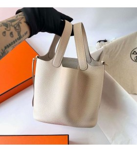 Picotin Clemence TC Pelle CK10 Bianco Latte Hardware Oro 18cm Pieno fatto a Mano Ghw