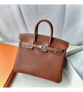 Birkin Barenia Cc34 Marrone Oro Argento Hardware 25cm Pieno fatto a Mano Phw