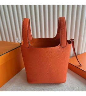 Picotin Clemence TC 9J Arancione Argento Hardware 18cm Pieno fatto a Mano Phw