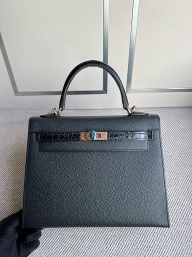 ケリーのタッチエプソン&ヤクロコダイルck89ノワールローズゴールドハードウェア25cm完全に手作り